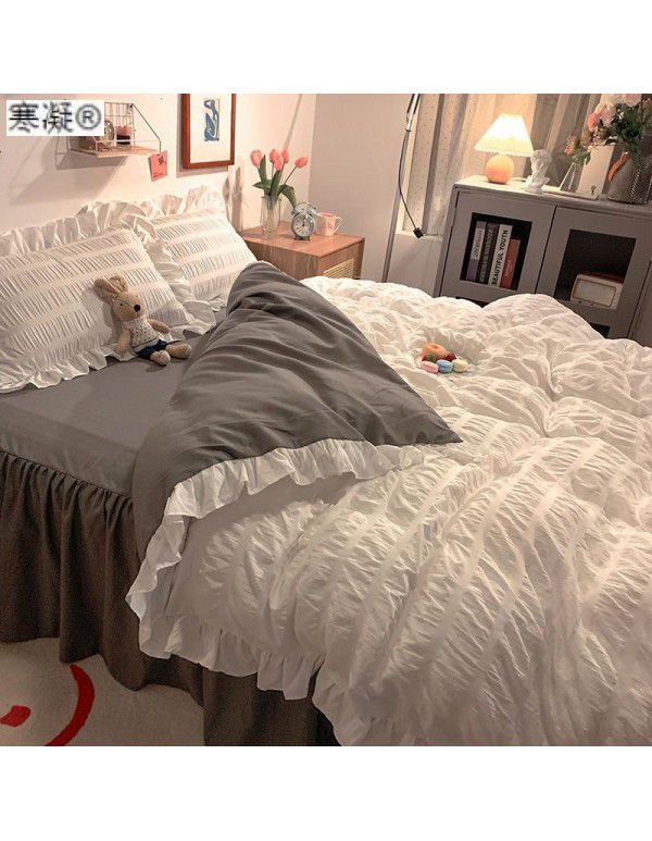 Bedding sheet quilt cover 4-piece water washed cotton bed princess wind lotus leaf edge bedspread pleated quilt bed skirt bedding