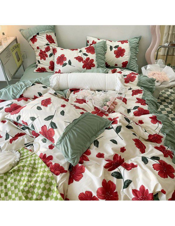 Korean/ins Tulip Bed Skirt 4pc Set Autumn and Winter French Lace Little Flowers Bedding Sheet Cover 3pc Set Wholesale