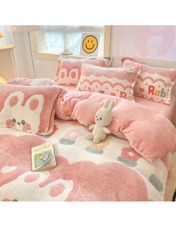 Milk velvet winter warm Farai velvet 4-piece set thickened coral velvet female bedding double-sided velvet quilt cover sheet