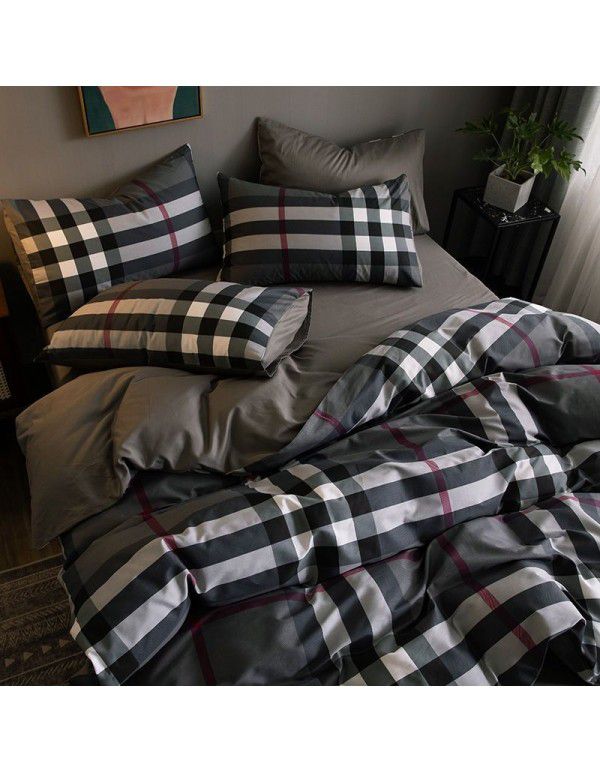 Nordic Style Simple Gentleman Men's Grey Duvet Cover Bedding Set of 4 Pieces Solid Color Sheet Grid Dormitory Set of 3 Pieces