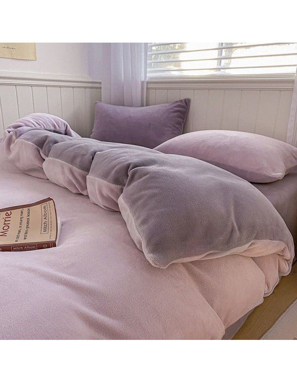 Wholesale of solid color mixed with milk velvet four piece winter thickened thermal coral velvet bedspread, quilt cover, fitted sheet and bedding