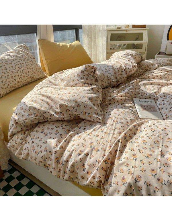 (Small Flowers Series) Nantong Four Piece Bedding Set Wholesale Factory Direct Sales Bedding Sheet, Quilt Cover, Fitted Sheet, Dormitory Three Piece Set