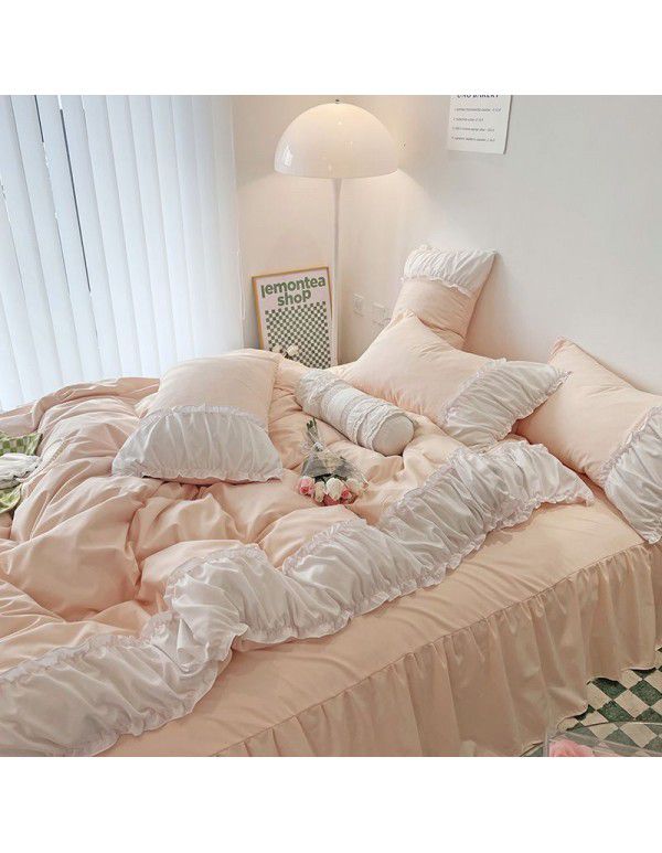 Korean/ins Tulip Bed Skirt 4pc Set Autumn and Winter French Lace Little Flowers Bedding Sheet Cover 3pc Set Wholesale