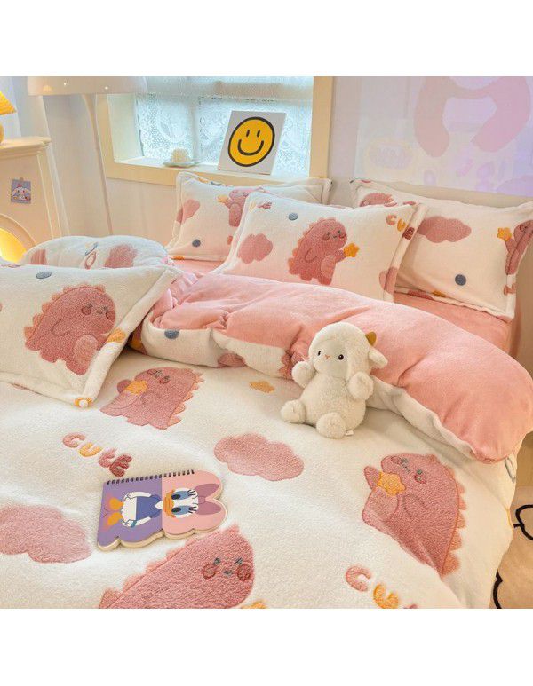 Milk velvet winter warm Farai velvet 4-piece set thickened coral velvet female bedding double-sided velvet quilt cover sheet