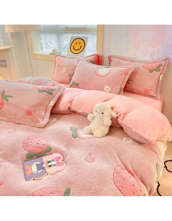 Milk velvet winter warm Farai velvet 4-piece set thickened coral velvet female bedding double-sided velvet quilt cover sheet
