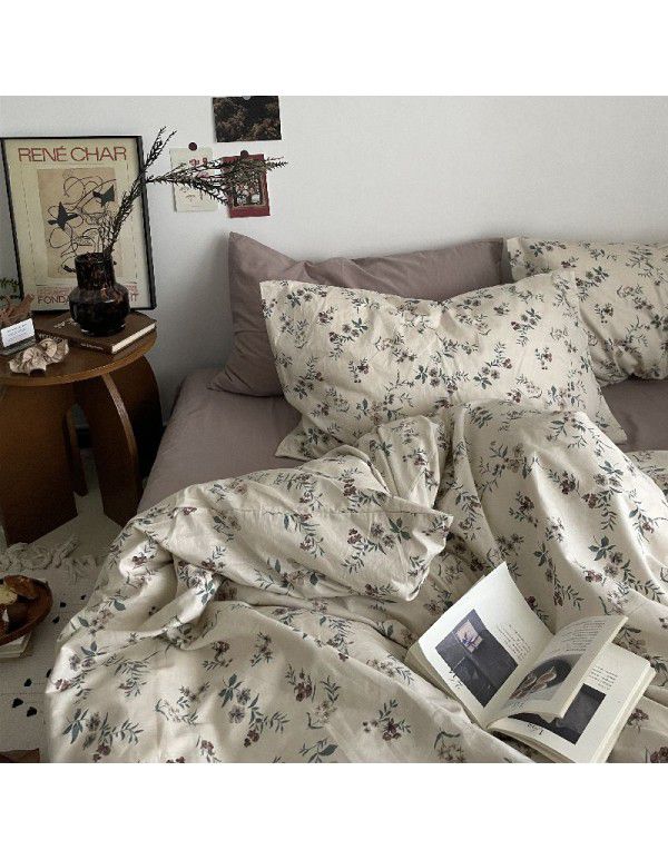 Korean retro floral idyllic cotton 4-piece bed set cotton sheet quilt cover fitted sheet 3-piece bed set