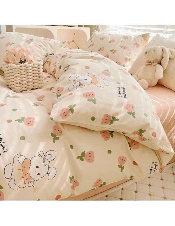 Ins wind pure cotton 100% cotton four piece bed set floral mesh red bed quilt cover sheet three piece fitted sheet