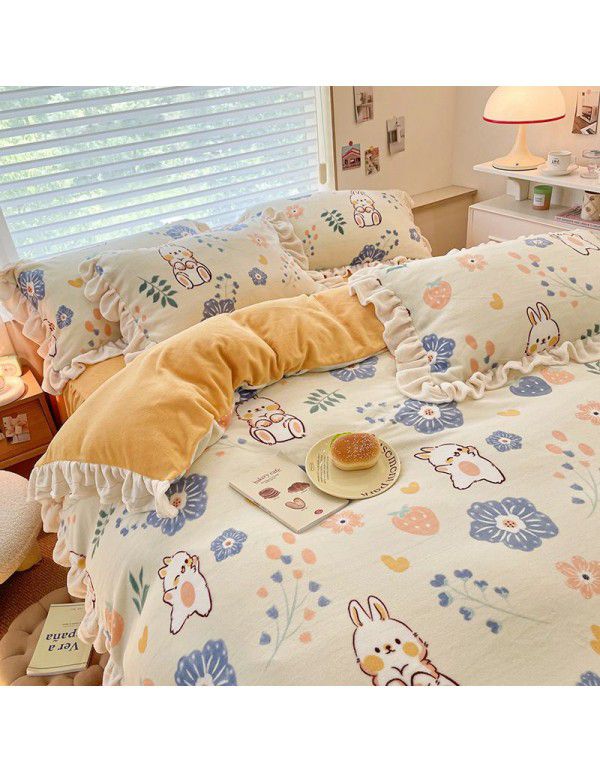 Winter Gog Heavy Milk Fleece 4-Piece Bed Skirt Coral Fleece Double Sided Thick Duvet Cover Sheet Fitted Sheet 4