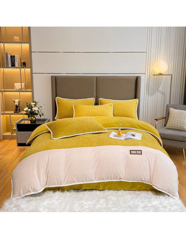 Luxurious minimalist beanstalk color contrast patch cloth embroidered milk velvet bed sheet four piece set baby velvet three piece set
