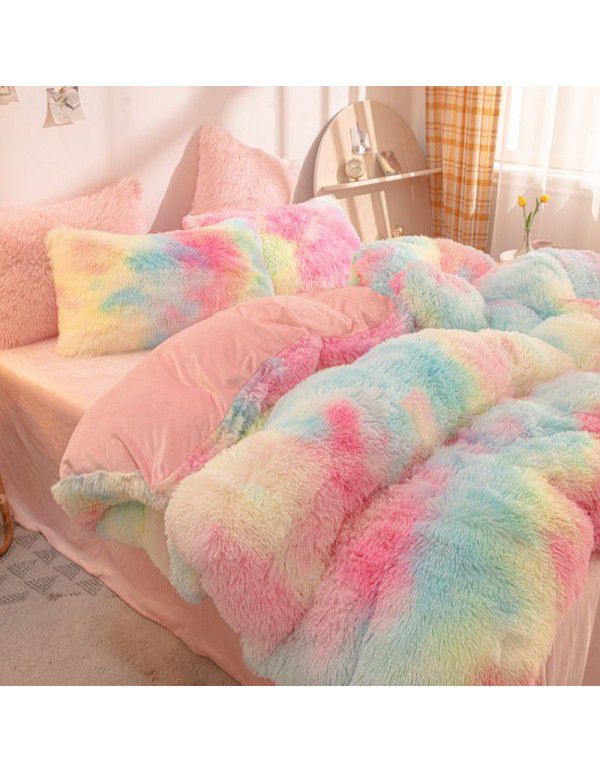 Mink four piece warm and comfortable princess style long plush three piece solid color bed sheet