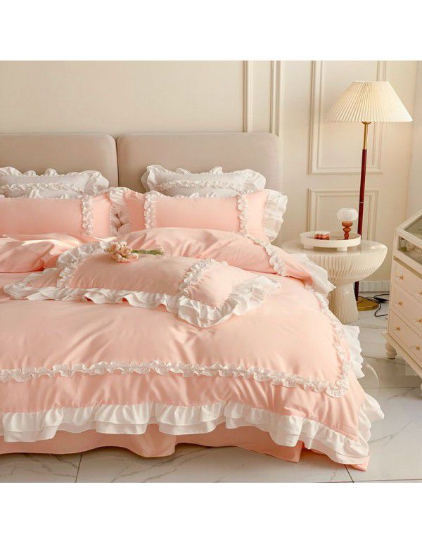 Korean Princess Wind Lolita 4-piece Spring and Autumn Dormitory Bedding Sheet and Quilt Cover Roman Cotton All Season Bedding Wholesale