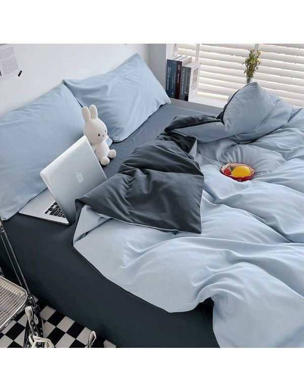 Simple Cure Pure Color Printing Free Wash Cotton 4-Piece Fitted Sheet Bed Student Dormitory Pure Cotton Flat Cover