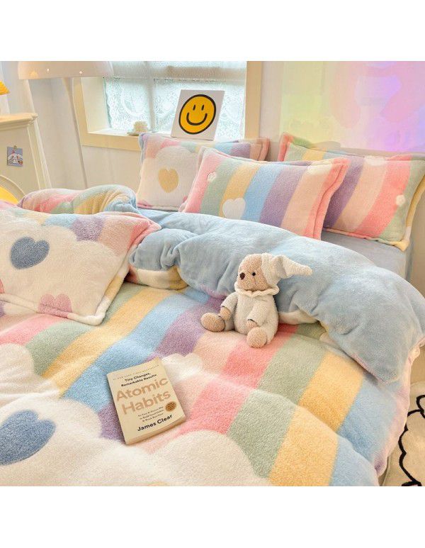 Milk velvet winter warm Farai velvet 4-piece set thickened coral velvet female bedding double-sided velvet quilt cover sheet