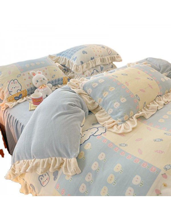 Winter Gog Heavy Milk Fleece 4-Piece Bed Skirt Coral Fleece Double Sided Thick Duvet Cover Sheet Fitted Sheet 4