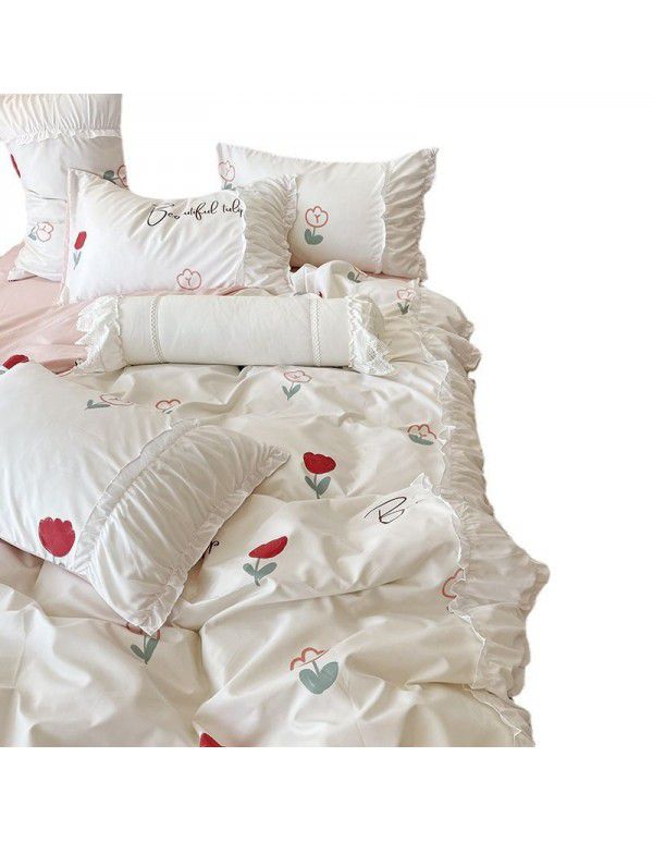 Korean/ins Tulip Bed Skirt 4pc Set Autumn and Winter French Lace Little Flowers Bedding Sheet Cover 3pc Set Wholesale