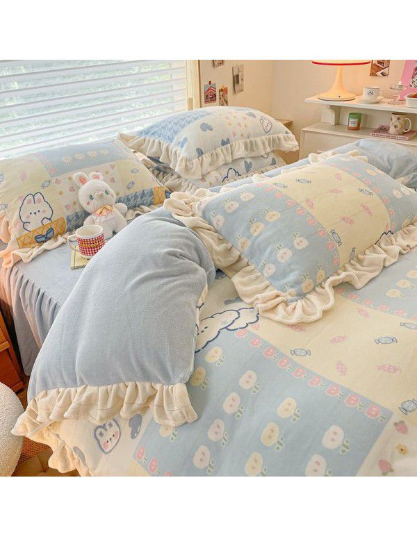 Winter Gog Heavy Milk Fleece 4-Piece Bed Skirt Coral Fleece Double Sided Thick Duvet Cover Sheet Fitted Sheet 4