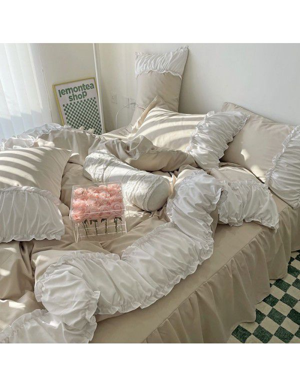 Korean/ins Tulip Bed Skirt 4pc Set Autumn and Winter French Lace Little Flowers Bedding Sheet Cover 3pc Set Wholesale