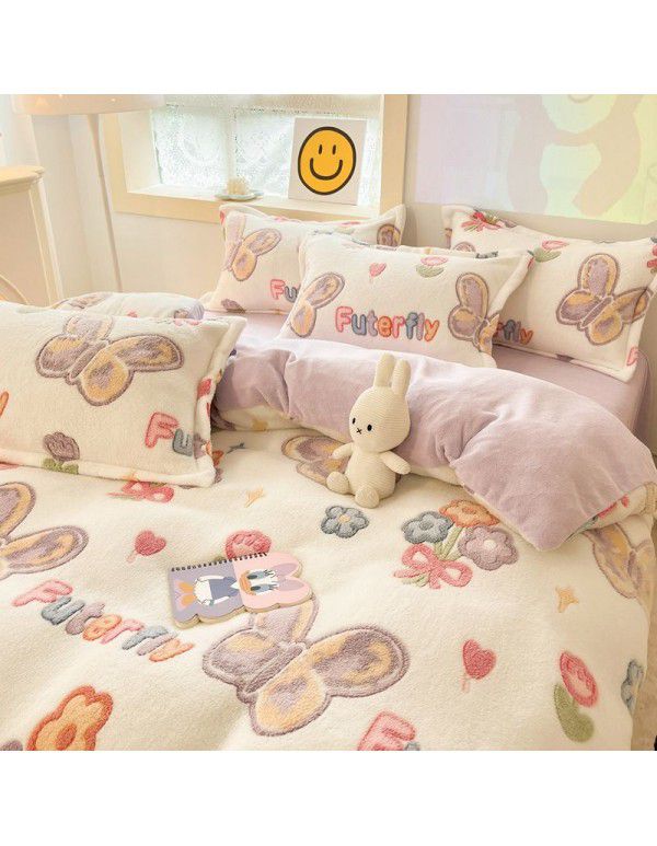 Milk velvet winter warm Farai velvet 4-piece set thickened coral velvet female bedding double-sided velvet quilt cover sheet