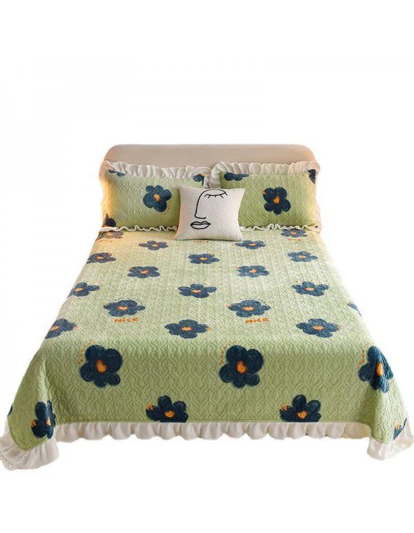 Cream wind milk velvet bed cover 3-piece set Korean lace bedspread cotton clip slip slip single bed cover coral velvet bed sheet winter