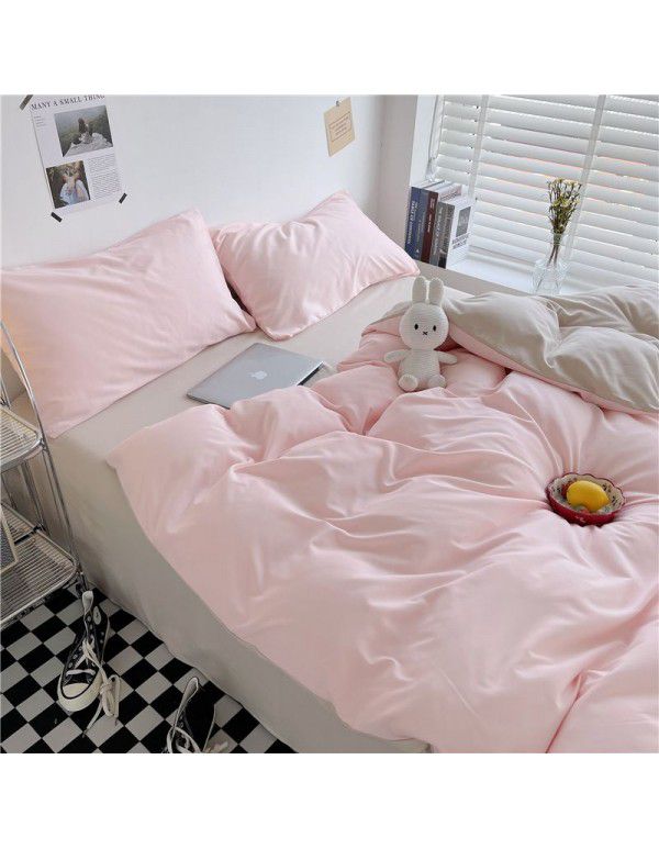 Simple Cure Pure Color Printing Free Wash Cotton 4-Piece Fitted Sheet Bed Student Dormitory Pure Cotton Flat Cover