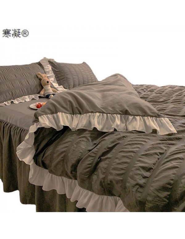 Bedding sheet quilt cover 4-piece water washed cotton bed princess wind lotus leaf edge bedspread pleated quilt bed skirt bedding