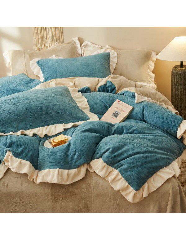 Nantong autumn and winter princess style thickened warm bed sheet quilt cover fitted sheet milk velvet three four piece bedding wholesale
