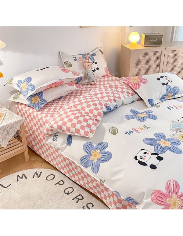 Cotton brushed four piece fitted sheet small fresh thickened sheet quilt cover three piece bedding gift wholesale