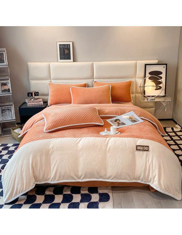 Luxurious minimalist beanstalk color contrast patch cloth embroidered milk velvet bed sheet four piece set baby velvet three piece set