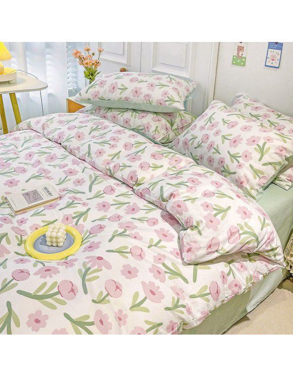 Ins style pure cotton bedding four piece set 100 cotton cartoon dormitory bed sheet three piece set children's fitted sheet quilt cover