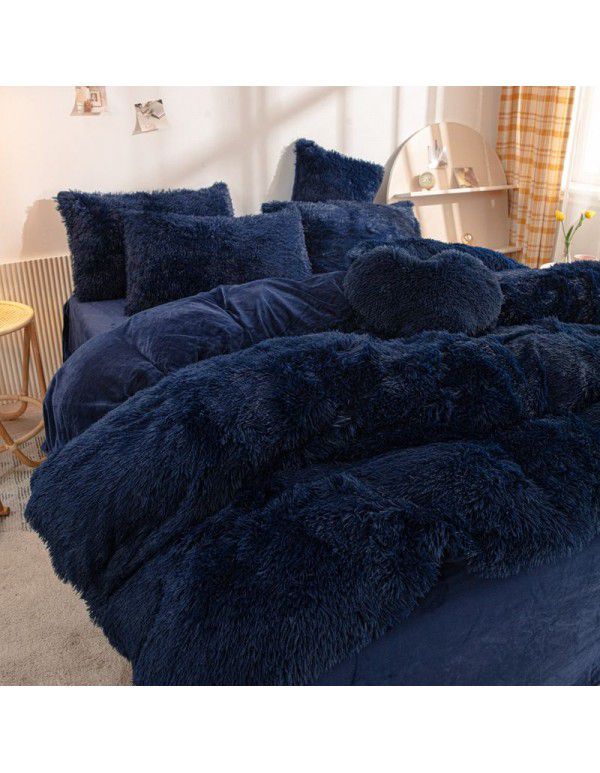 Mink four piece warm and comfortable princess style long plush three piece solid color bed sheet