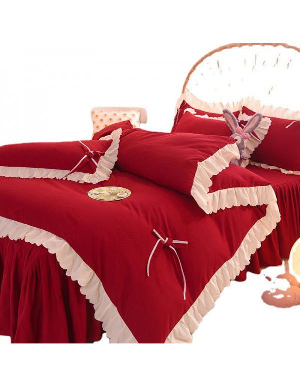 Wedding red four piece set, newly married light luxury bed sheet, quilt cover, net red wedding bedding, spring and autumn style