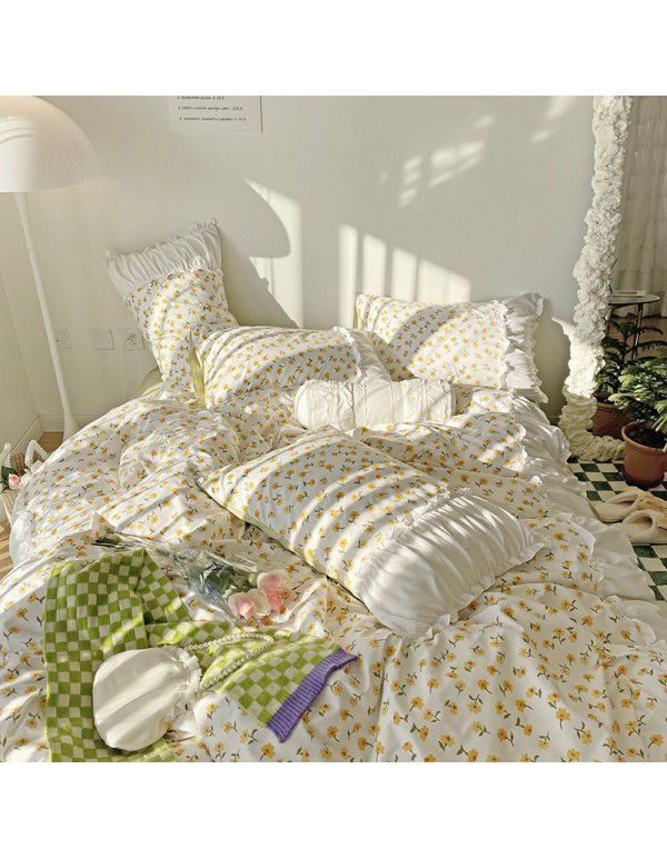 Korean/ins Tulip Bed Skirt 4pc Set Autumn and Winter French Lace Little Flowers Bedding Sheet Cover 3pc Set Wholesale