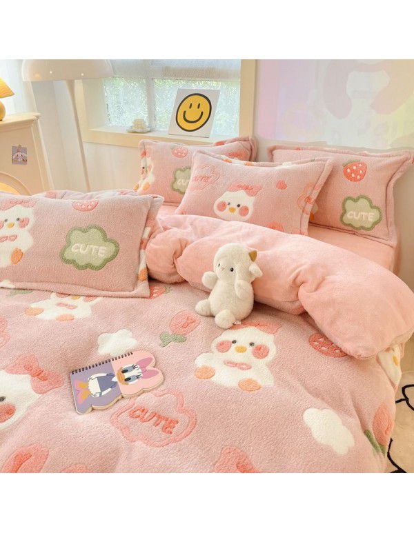 Milk velvet winter warm Farai velvet 4-piece set thickened coral velvet female bedding double-sided velvet quilt cover sheet