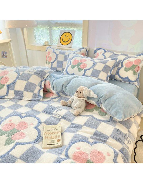 Milk velvet winter warm Farai velvet 4-piece set thickened coral velvet female bedding double-sided velvet quilt cover sheet