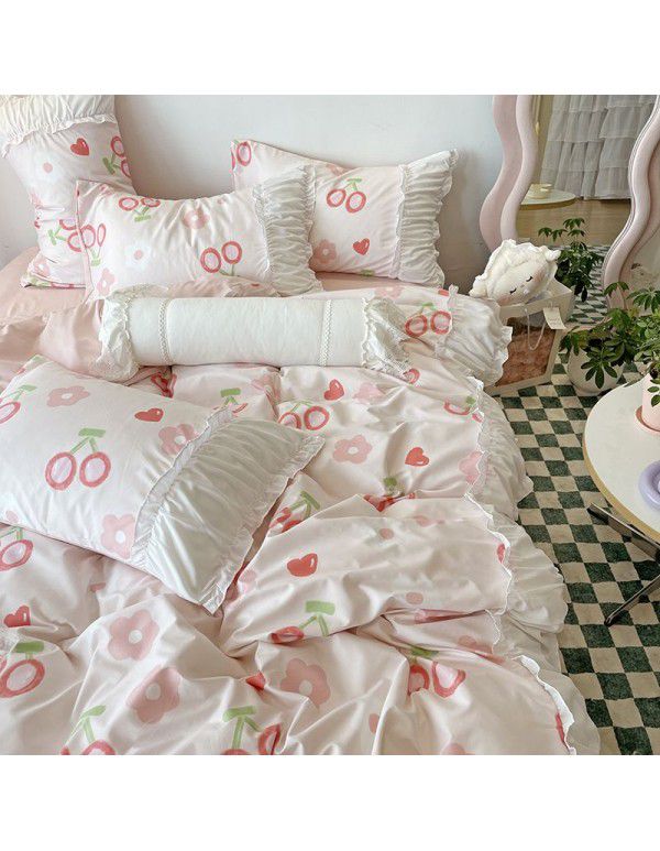 Korean/ins Tulip Bed Skirt 4pc Set Autumn and Winter French Lace Little Flowers Bedding Sheet Cover 3pc Set Wholesale