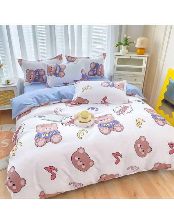 Cotton brushed four piece fitted sheet small fresh thickened sheet quilt cover three piece bedding gift wholesale