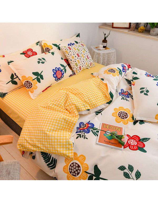 Cotton brushed four piece fitted sheet small fresh thickened sheet quilt cover three piece bedding gift wholesale