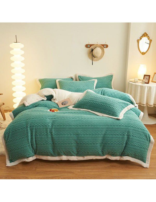 Winter taff cashmere four piece set solid thickened warm bed sheet quilt cover double-sided A cashmere simple bed