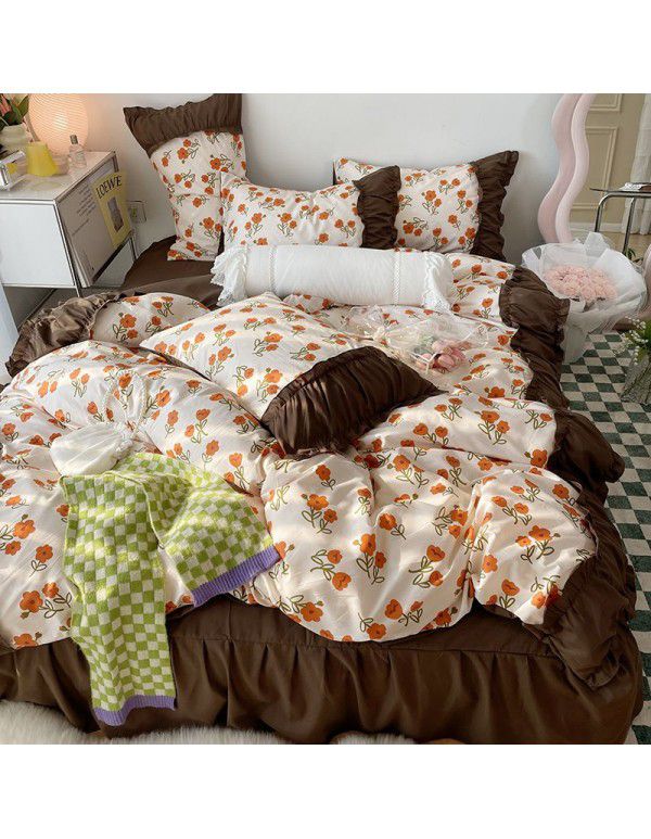 Korean/ins Tulip Bed Skirt 4pc Set Autumn and Winter French Lace Little Flowers Bedding Sheet Cover 3pc Set Wholesale