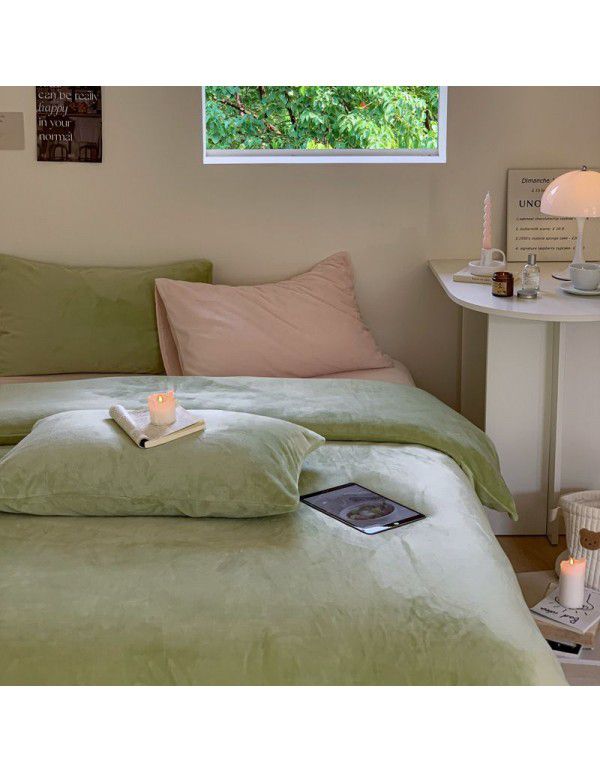 Little Red Book blogger recommends solid color mixed with milk wool four piece thick warm quilt cover coral wool bedspread ins