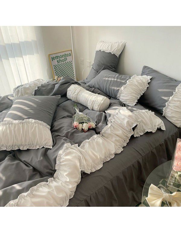 Korean/ins Tulip Bed Skirt 4pc Set Autumn and Winter French Lace Little Flowers Bedding Sheet Cover 3pc Set Wholesale
