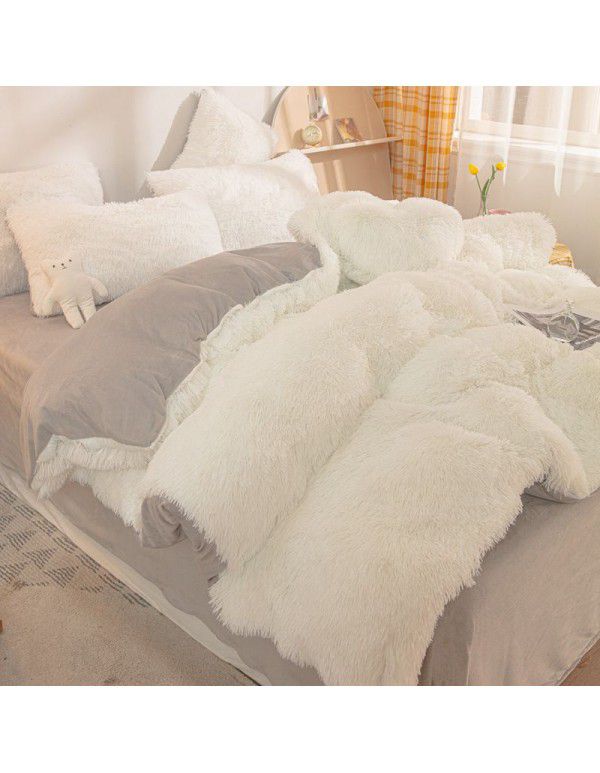 Mink four piece warm and comfortable princess style long plush three piece solid color bed sheet