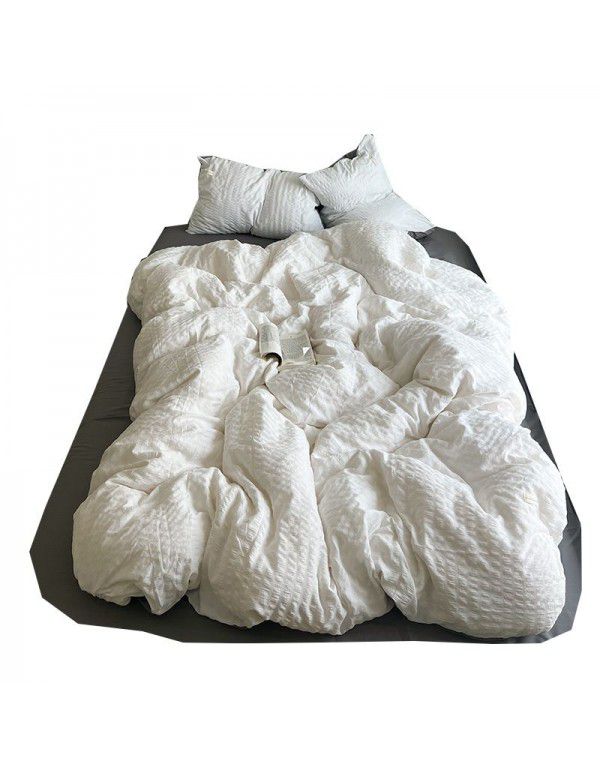 Shopkeeper's original~cream white puff Korean ins seersucker wash cotton four piece bed sheet set dormitory three piece set