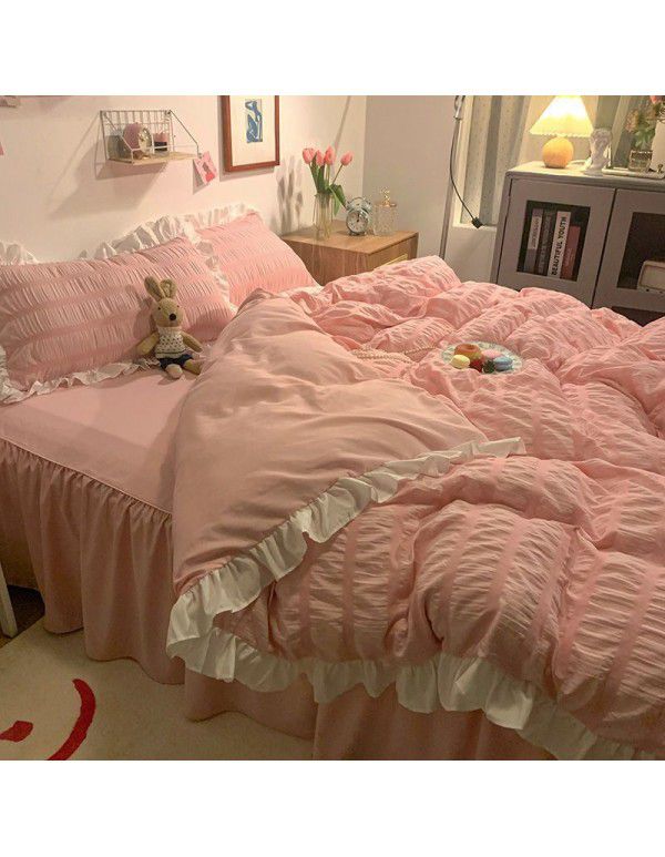 Bedding sheet quilt cover 4-piece water washed cotton bed princess wind lotus leaf edge bedspread pleated quilt bed skirt bedding