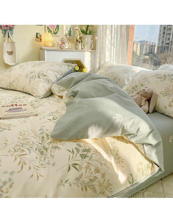 Ins wind pure cotton 100% cotton four piece bed set floral mesh red bed quilt cover sheet three piece fitted sheet