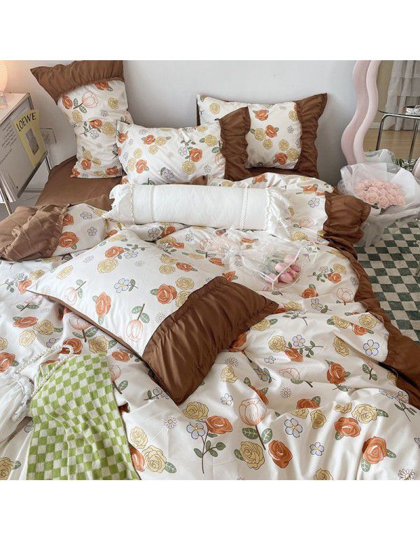 Korean/ins Tulip Bed Skirt 4pc Set Autumn and Winter French Lace Little Flowers Bedding Sheet Cover 3pc Set Wholesale