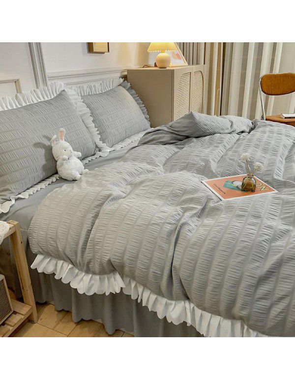 Bedding sheet quilt cover 4-piece water washed cotton bed princess wind lotus leaf edge bedspread pleated quilt bed skirt bedding