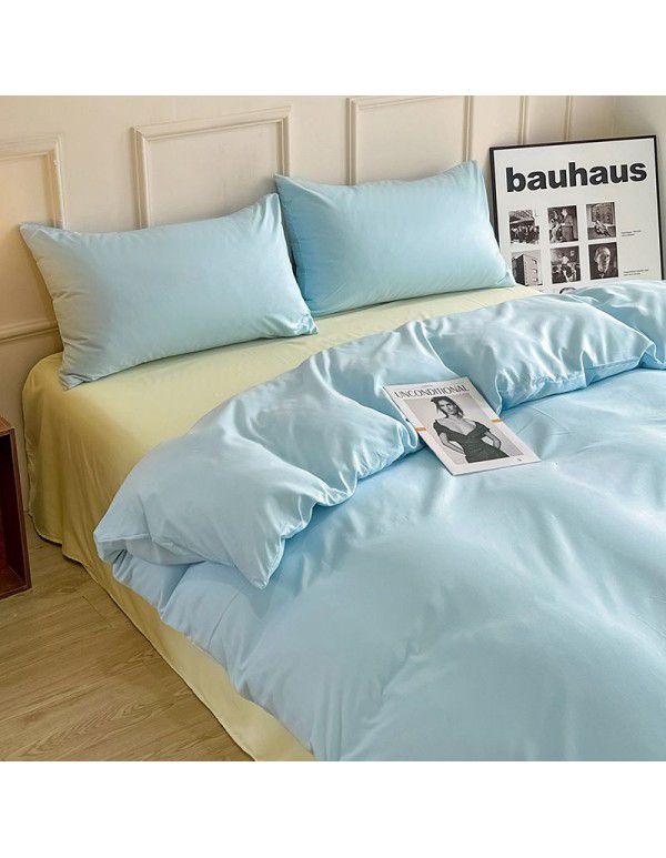 Ins style simple four piece set solid color washed cotton student dormitory three piece bed sheet quilt cover bedding wholesale