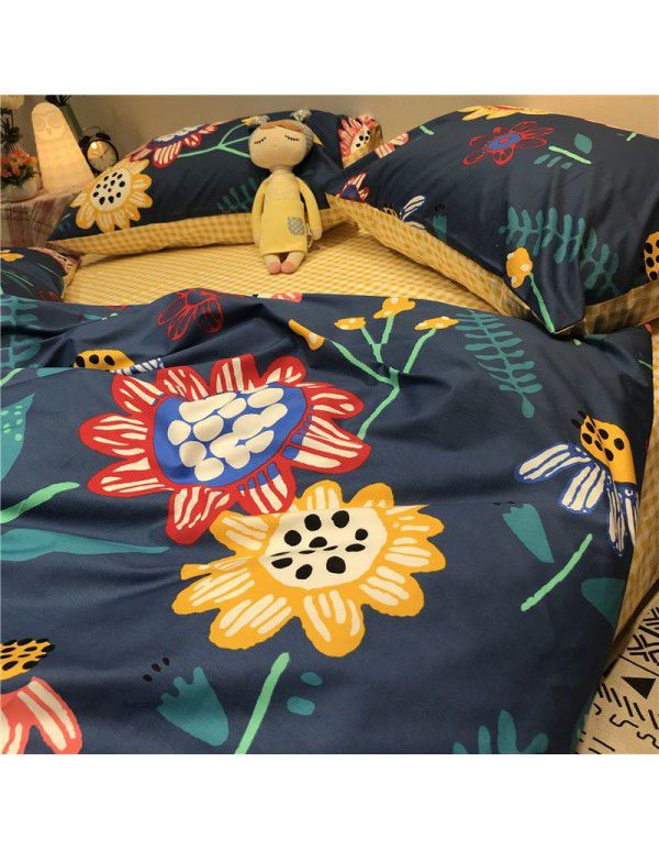 Factory direct sale cow black and white spot wash cotton four piece set ins simple nordic quilt cover 1.8 bed sheet for bed