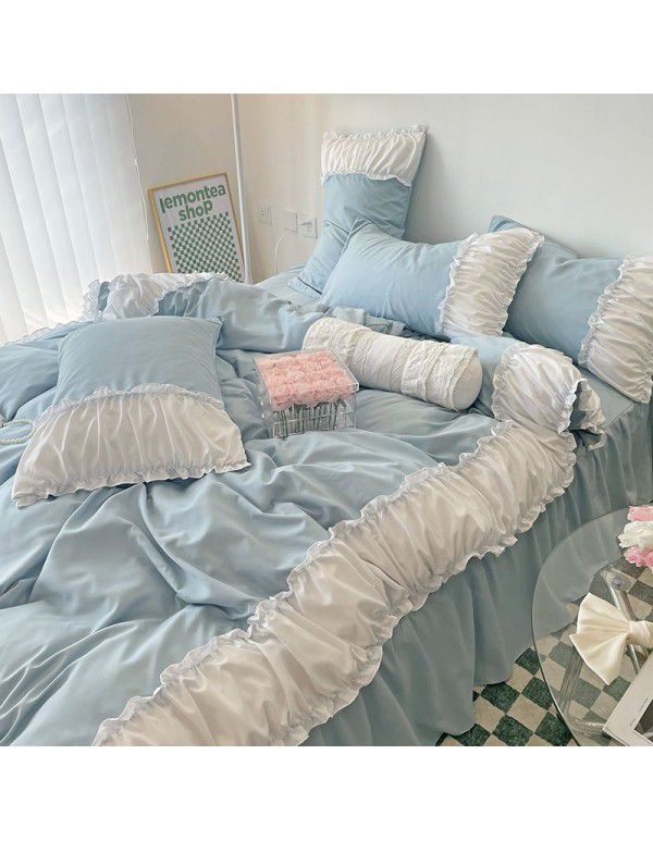Korean/ins Tulip Bed Skirt 4pc Set Autumn and Winter French Lace Little Flowers Bedding Sheet Cover 3pc Set Wholesale